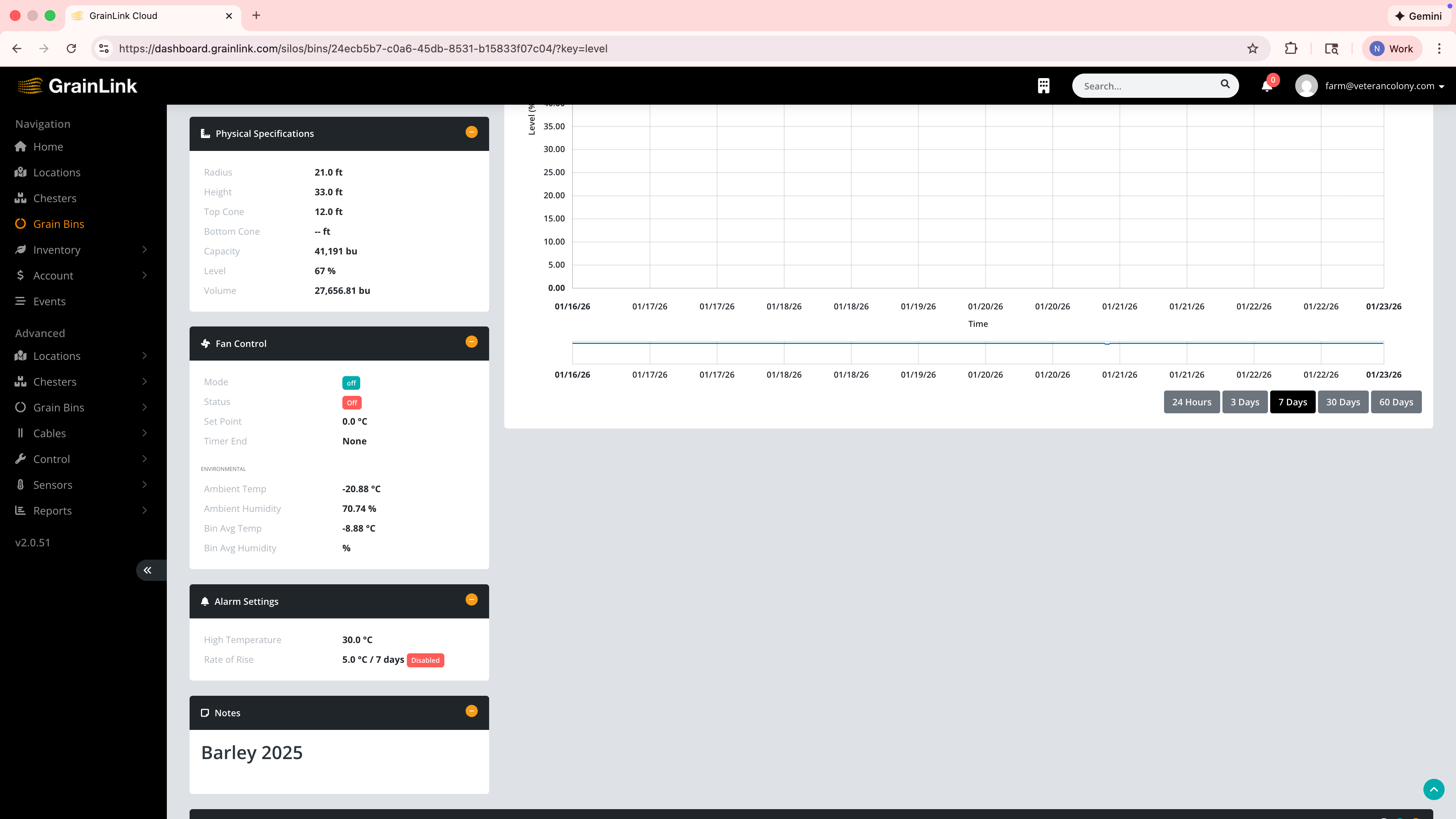 GrainLink fan control and bin specifications dashboard
