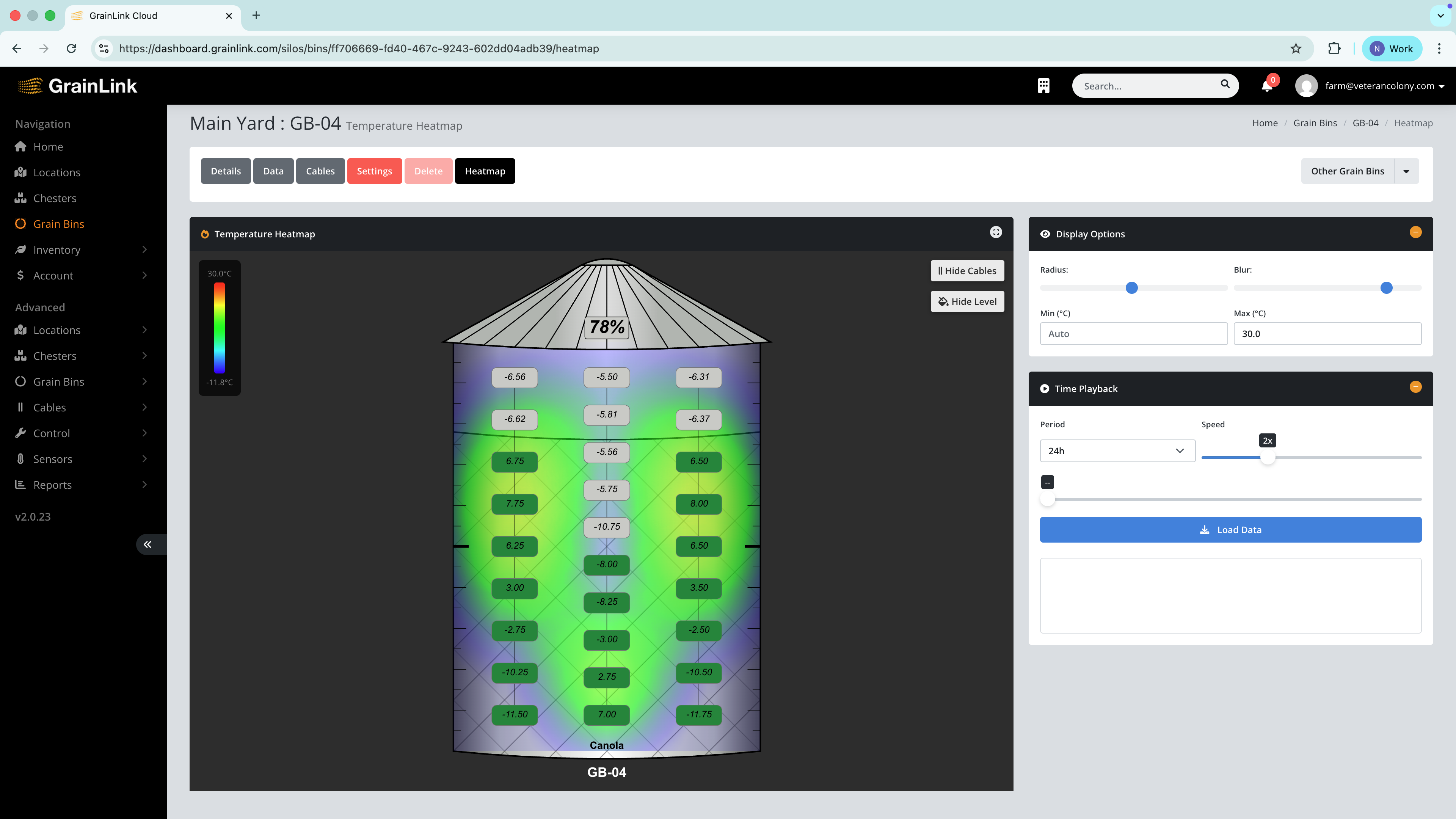 GrainLink temperature heatmap dashboard showing bin monitoring