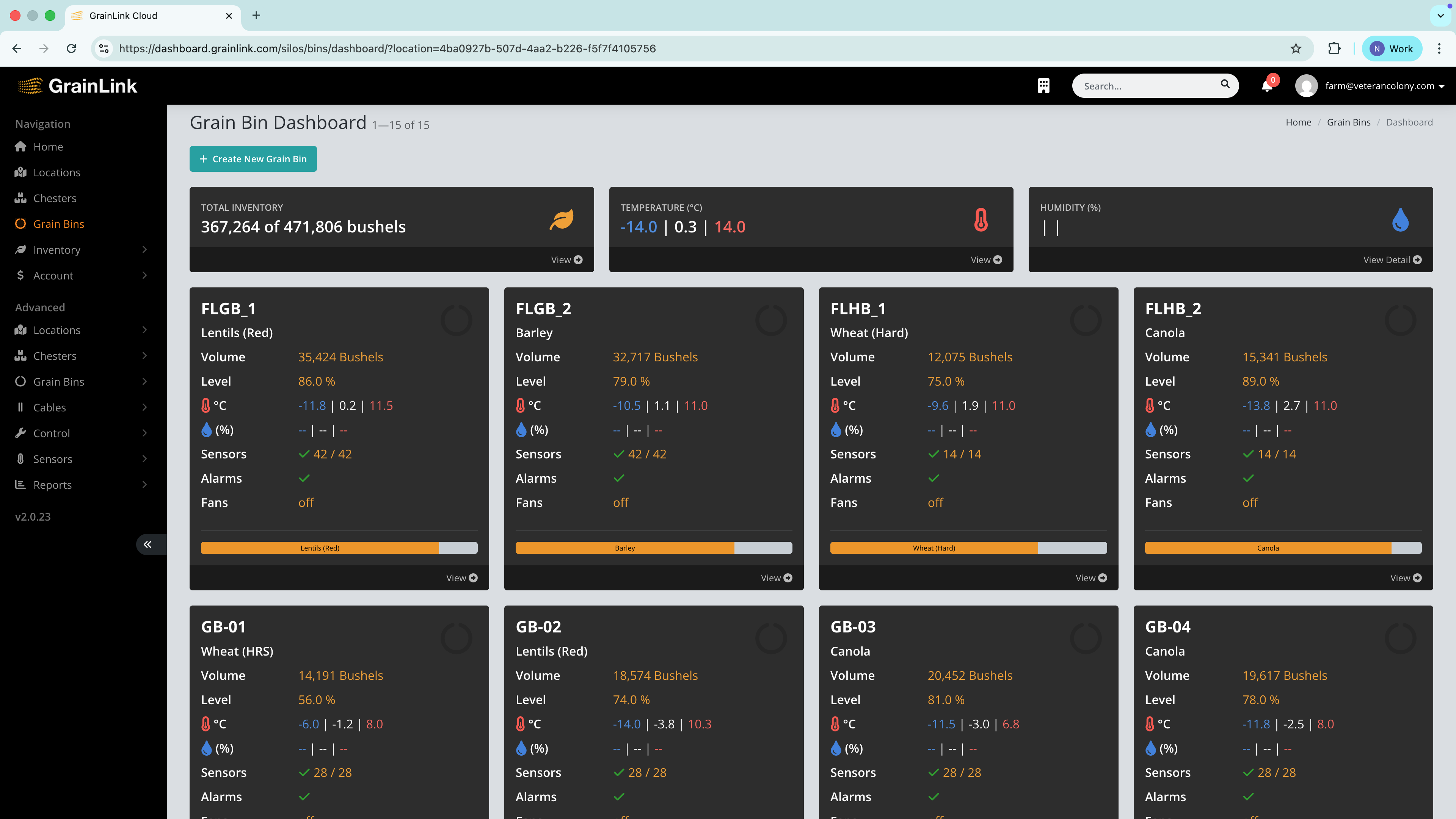 Grain bin dashboard showing all bins