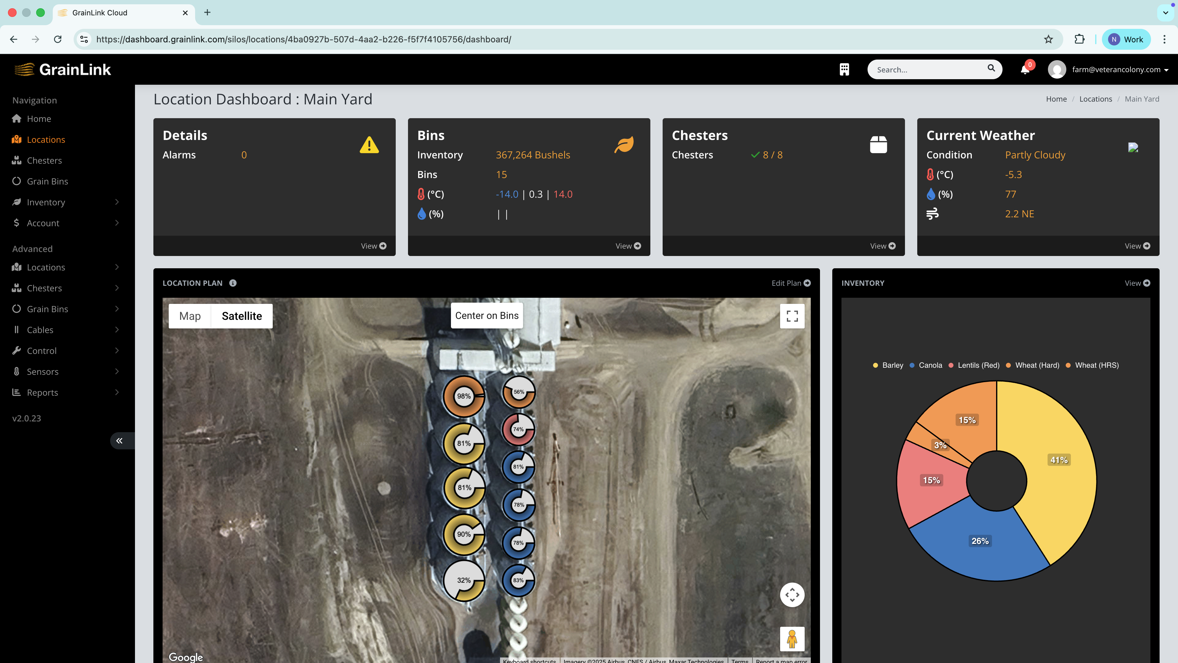 GrainLink dashboard with satellite map and bin overview